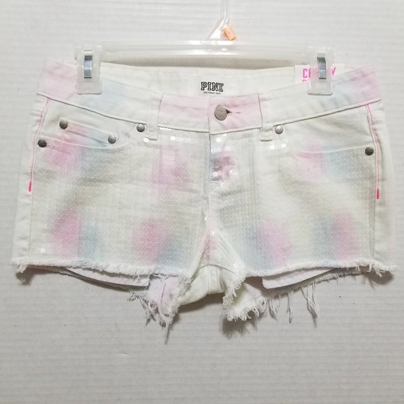 Victoria's Secret PINK shorts 4 NWT Cheeky Cut Off denim sequin pastel tie dye - Picture 1 of 14